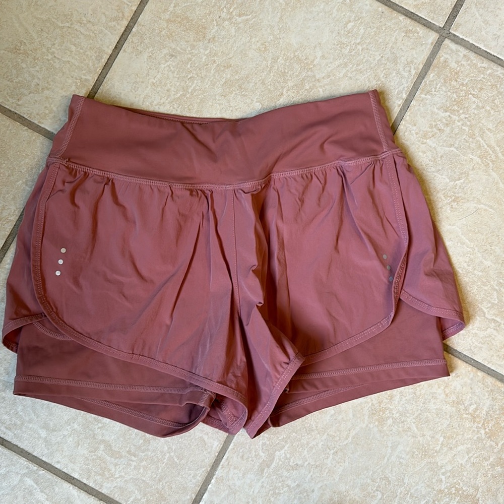Dusty pink shorts with spandex liner, Med, split side, zipper key pocket